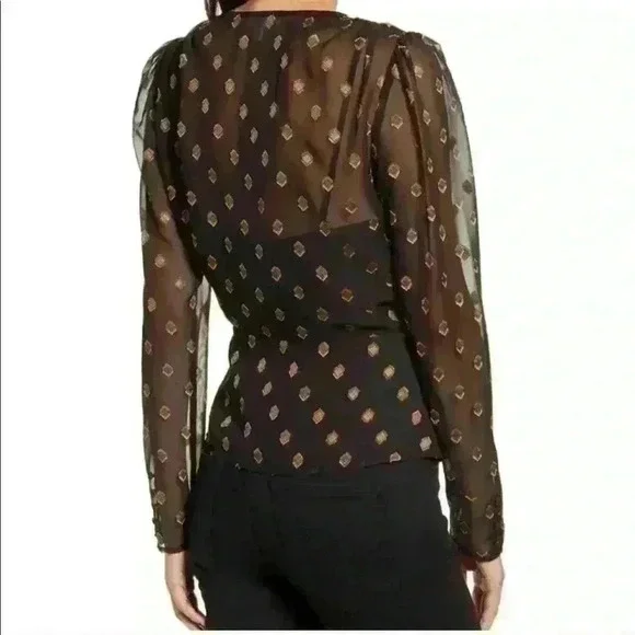 NWOT a sheer black and gold wrap blouse - Picture 2 of 6